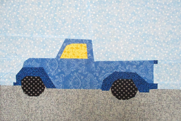 Dolores' Quilt Block - A Blue Truck with a road - Little Red Christmas Truck Pattern - The Little Bird Designs